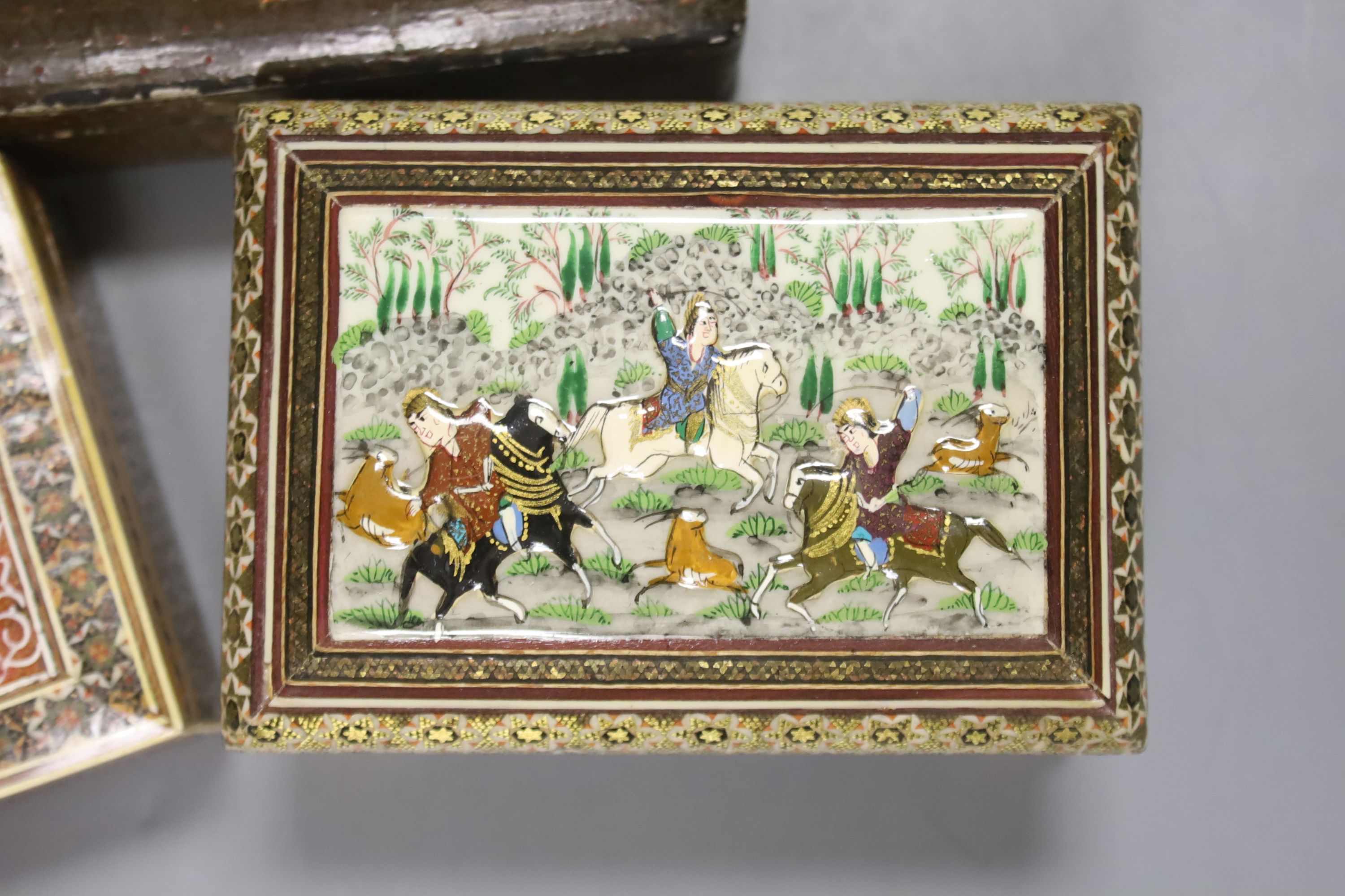 Four Persian painted lacquer boxes and four others